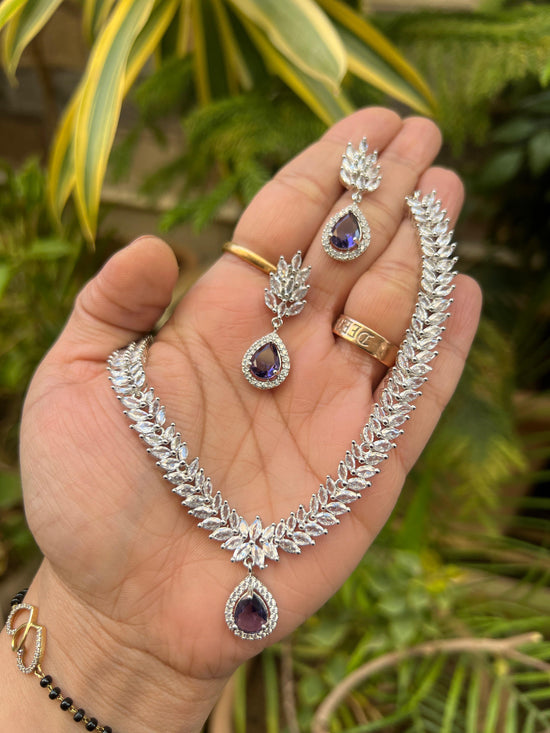 Sleek Indowestern Purple American Diamond Set With Earring