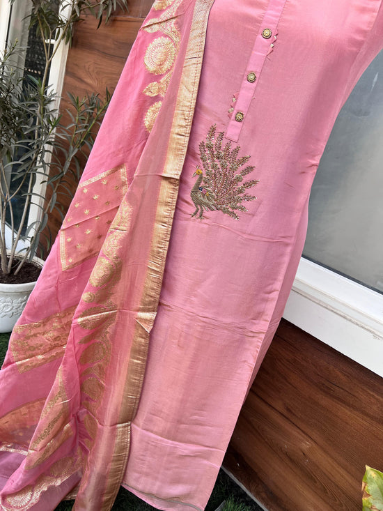 Pure Organza Pink Suit With Hand Embroidery & Sequence Border Item No.014039