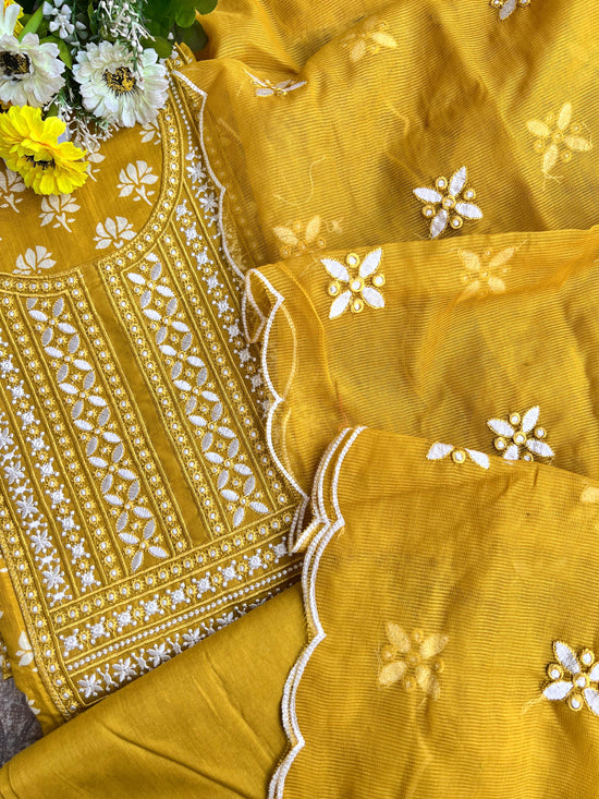 Pure Cotton Yellow Suit With Hand Embroidery & Kota Doriya Dupatta(Item no.011618)