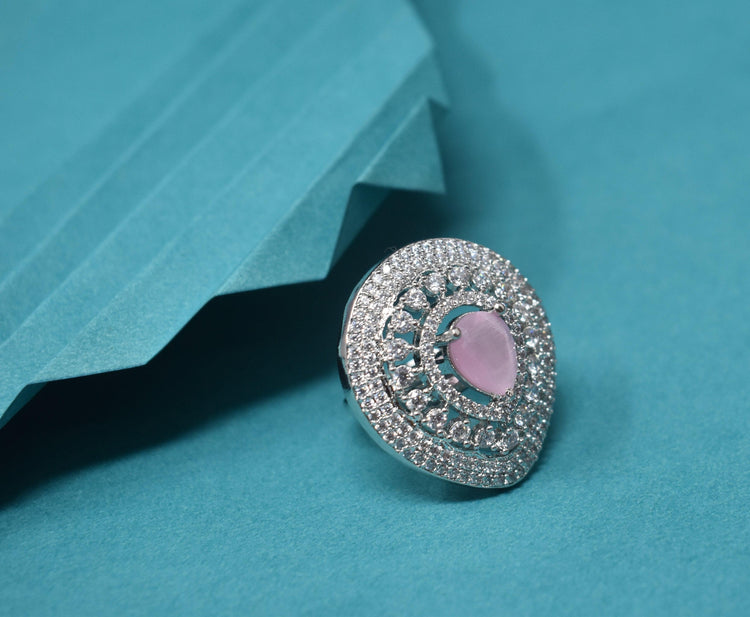 American Diamond Drop Shape Pink Stone Adjustable Ring - Steorra Jewels