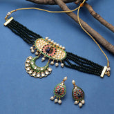 Peacock Embellished Green Jaipuri Choker Set - Steorra Jewels