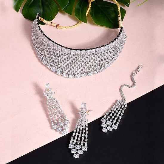 American Diamond Silver Choker Necklace Set