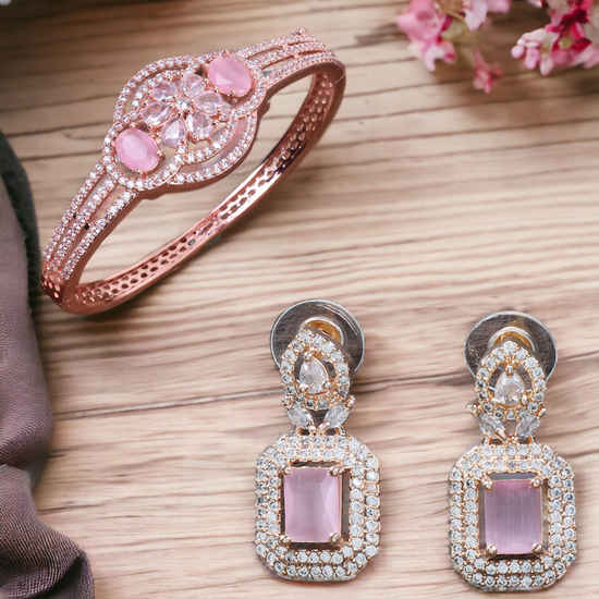 American Diamond Wedding Collection Baby Pink Bracelet With Earring Combo Set