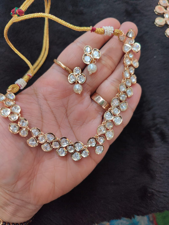 Premium Moissanite golden white stone necklace set