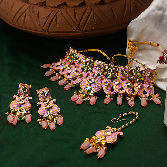 Baby Pink Heavy Indian Kundan Choker Set