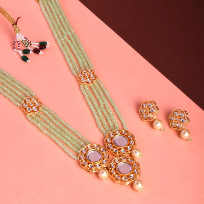 Green Indian Kundan Mirror Design Long Necklace Set