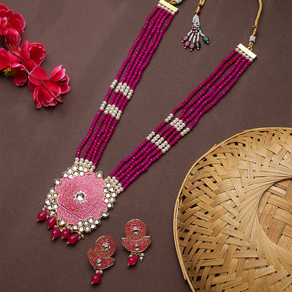 Pink Indian Kundan Long Necklace Set