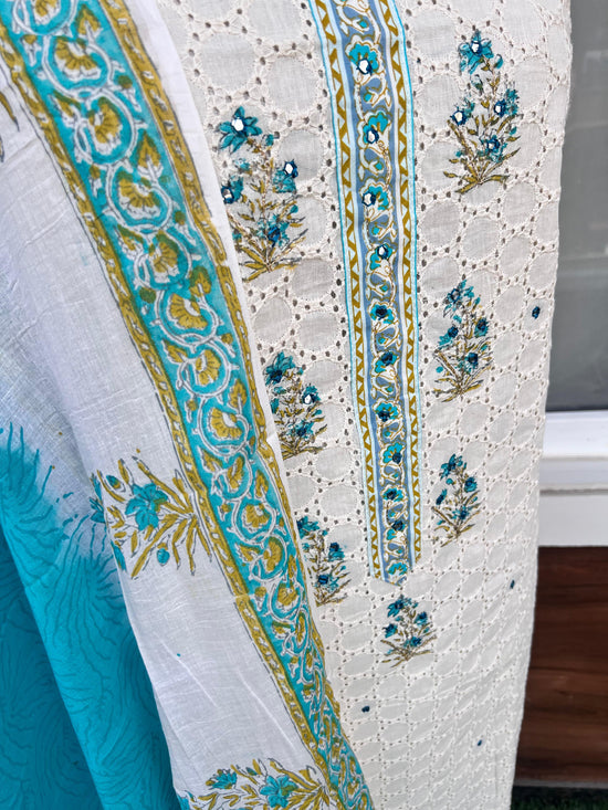 Beautiful Pure Light Blue Cotton Suit With Flowers Work