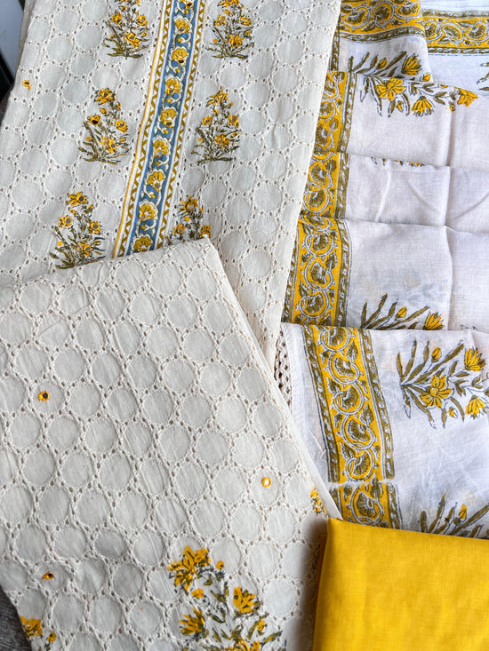 Beatiful Pure Yellow Cotton Suit With Flower Work