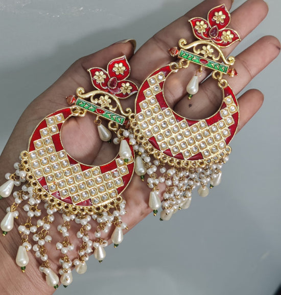 Elegant Traditional Jewelry Jaipuri Kundan Danglers Chandbali Style Earrings in Red