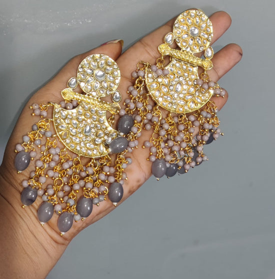 Traditional Elegance Jaipuri Kundan Jhumki Style Dangler Earrings in Grey