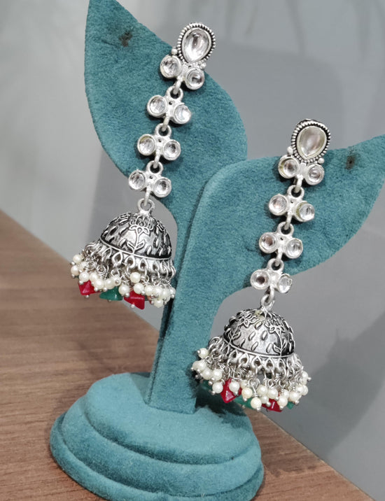 Oxidize Multicolor Silver Look Stone Type Jumka Earring For Women And Girls.