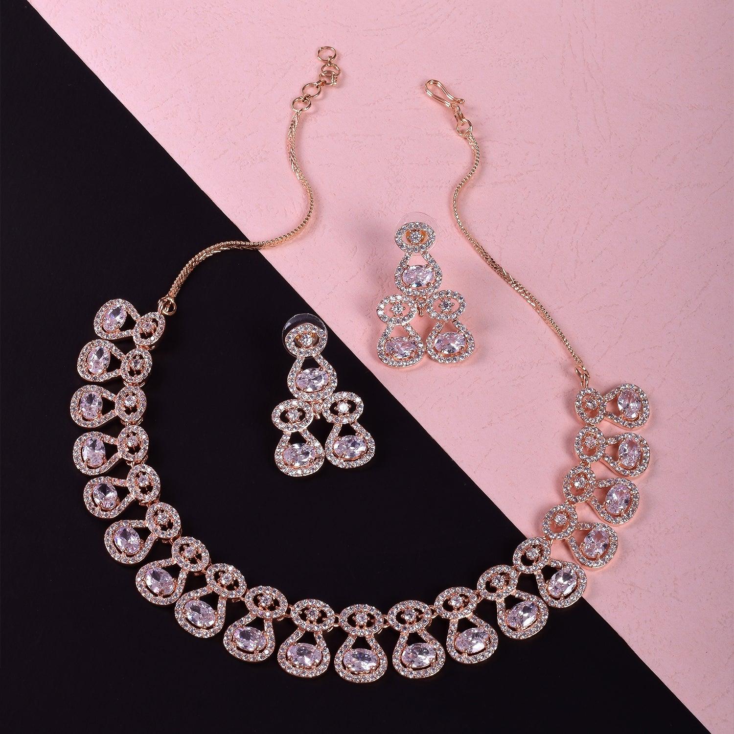 American Diamond Wedding Collection Golden Necklace Set And Ring Combo Set - Steorra Jewels