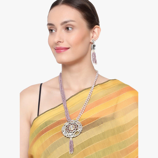 Baby Pink Jaipuri Long Kundan Necklace - Steorra Jewels