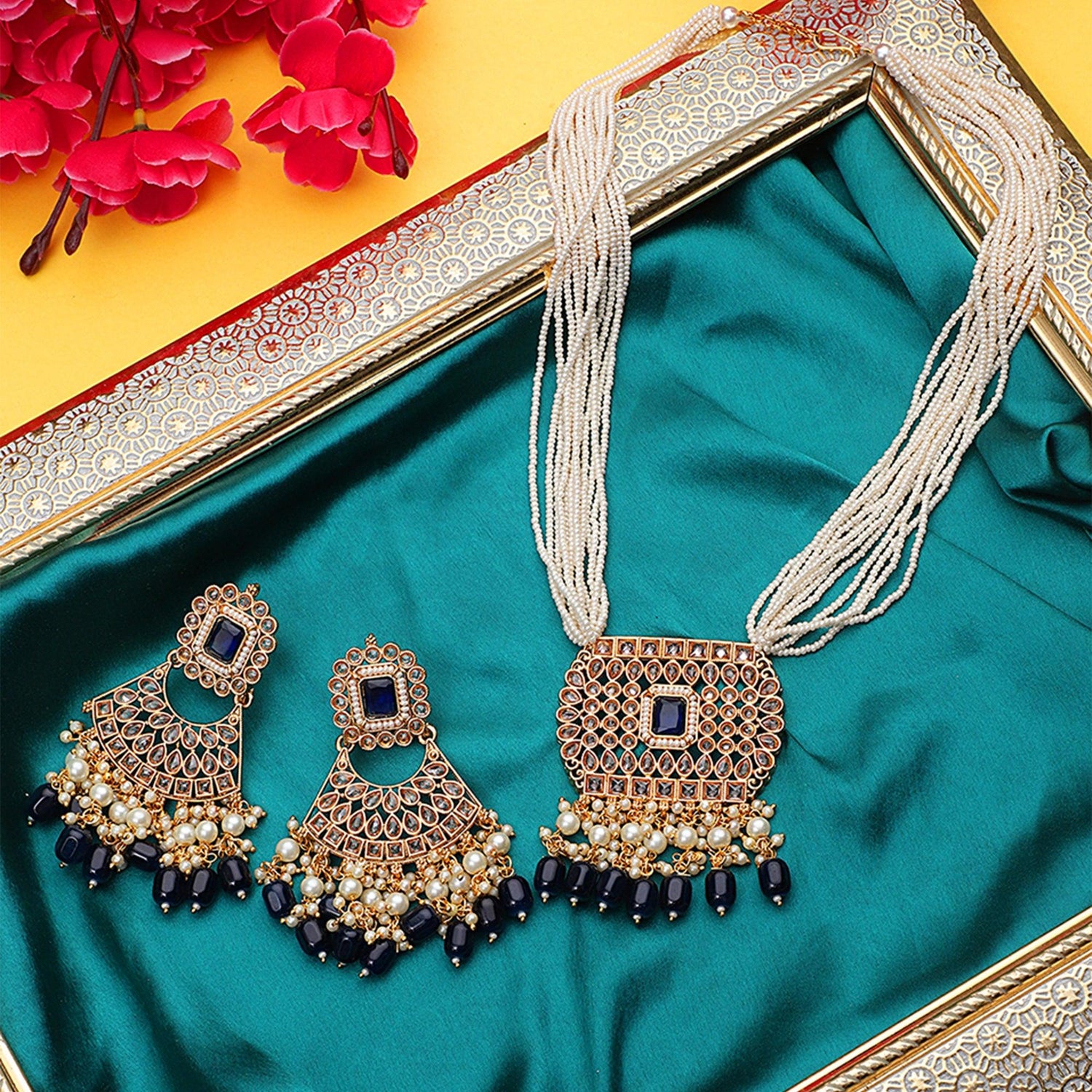Black Jaipuri Long Kundan Necklace Set - Steorra Jewels