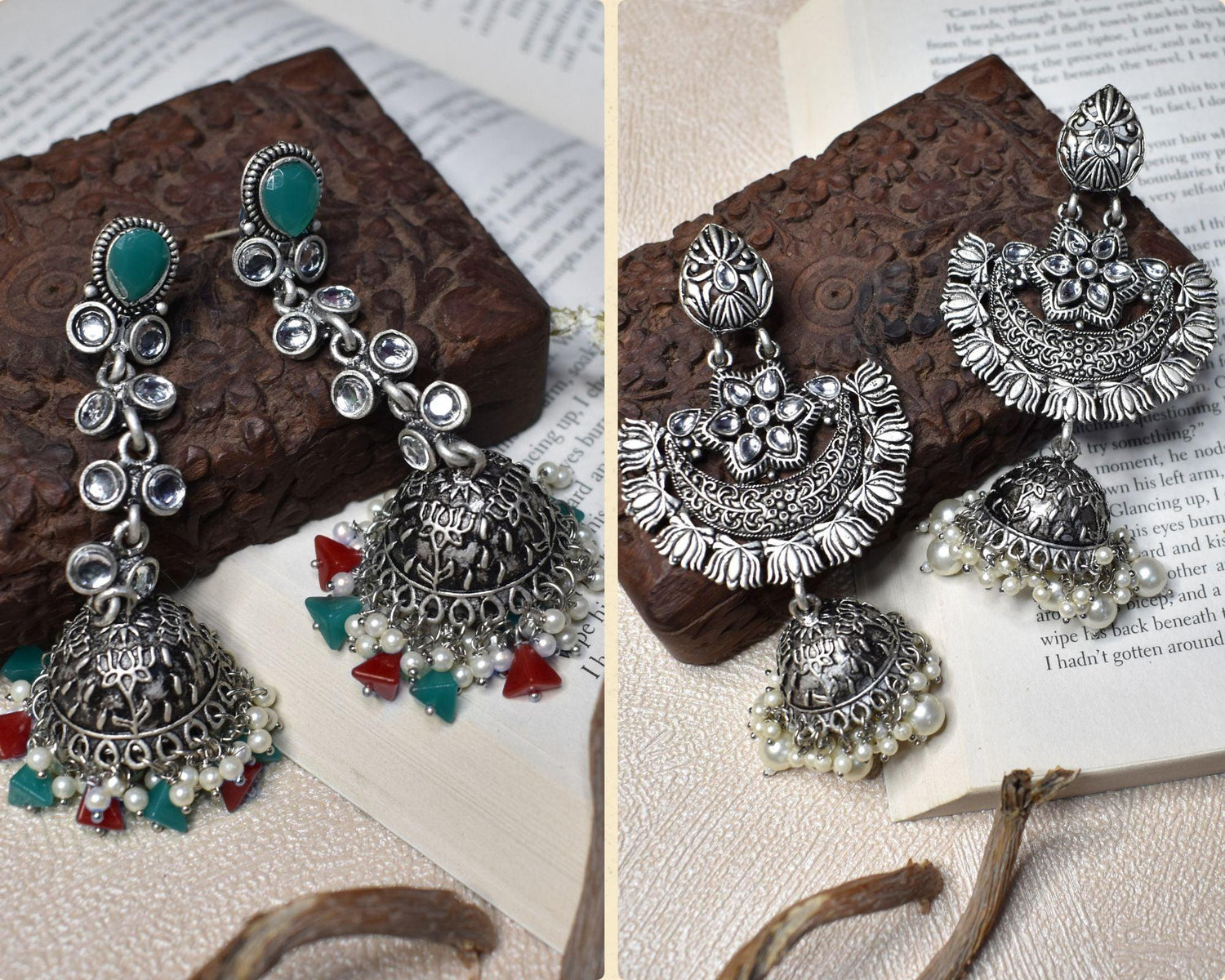 German Silver Oxidized Dangler Earring Combo Set of 2 - Steorra Jewels