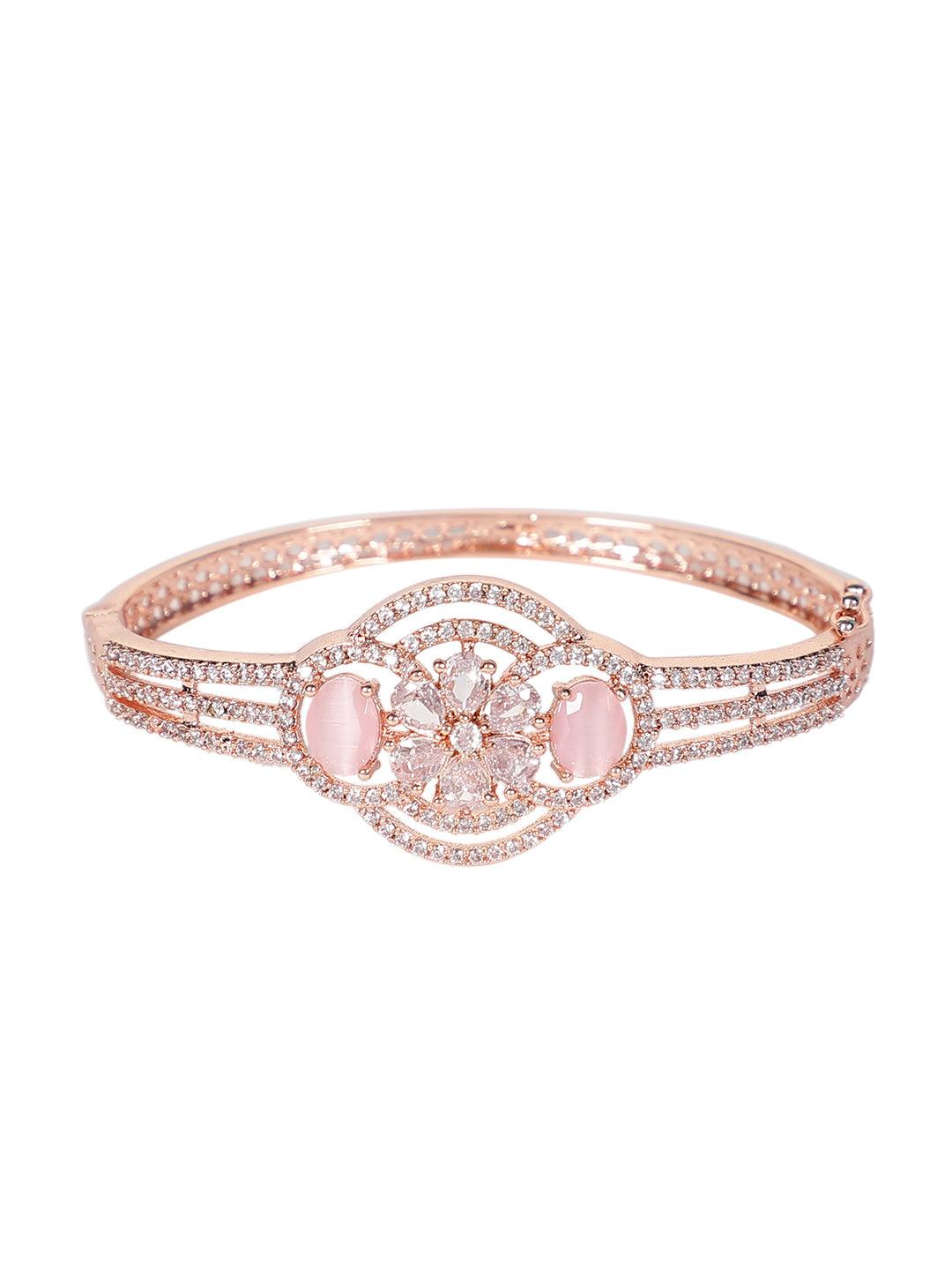 Golden Base Baby Pink American Diamond Adjustable Bracelet - Steorra Jewels