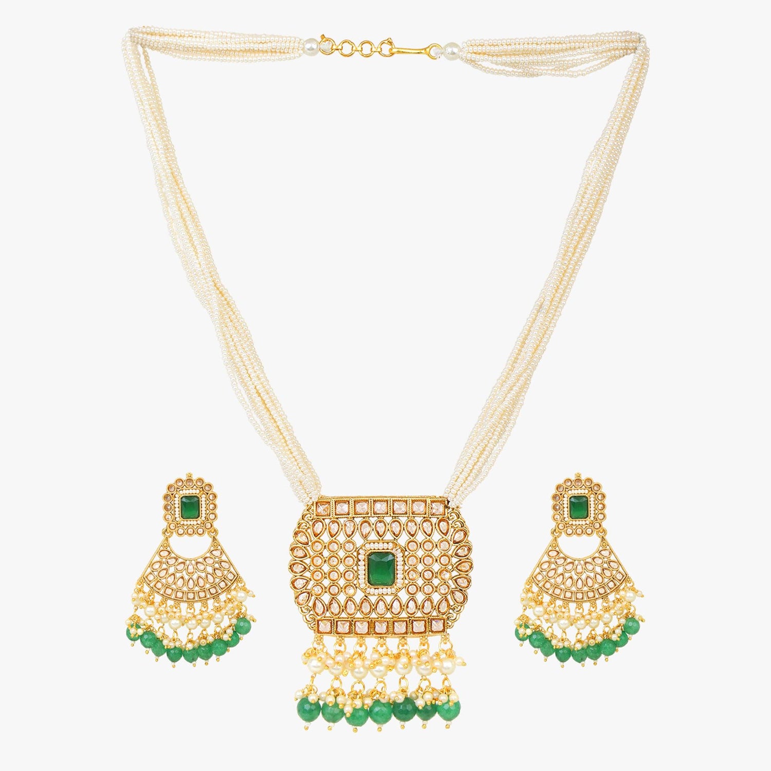 Green Jaipuri Long Kundan Necklace Set - Steorra Jewels