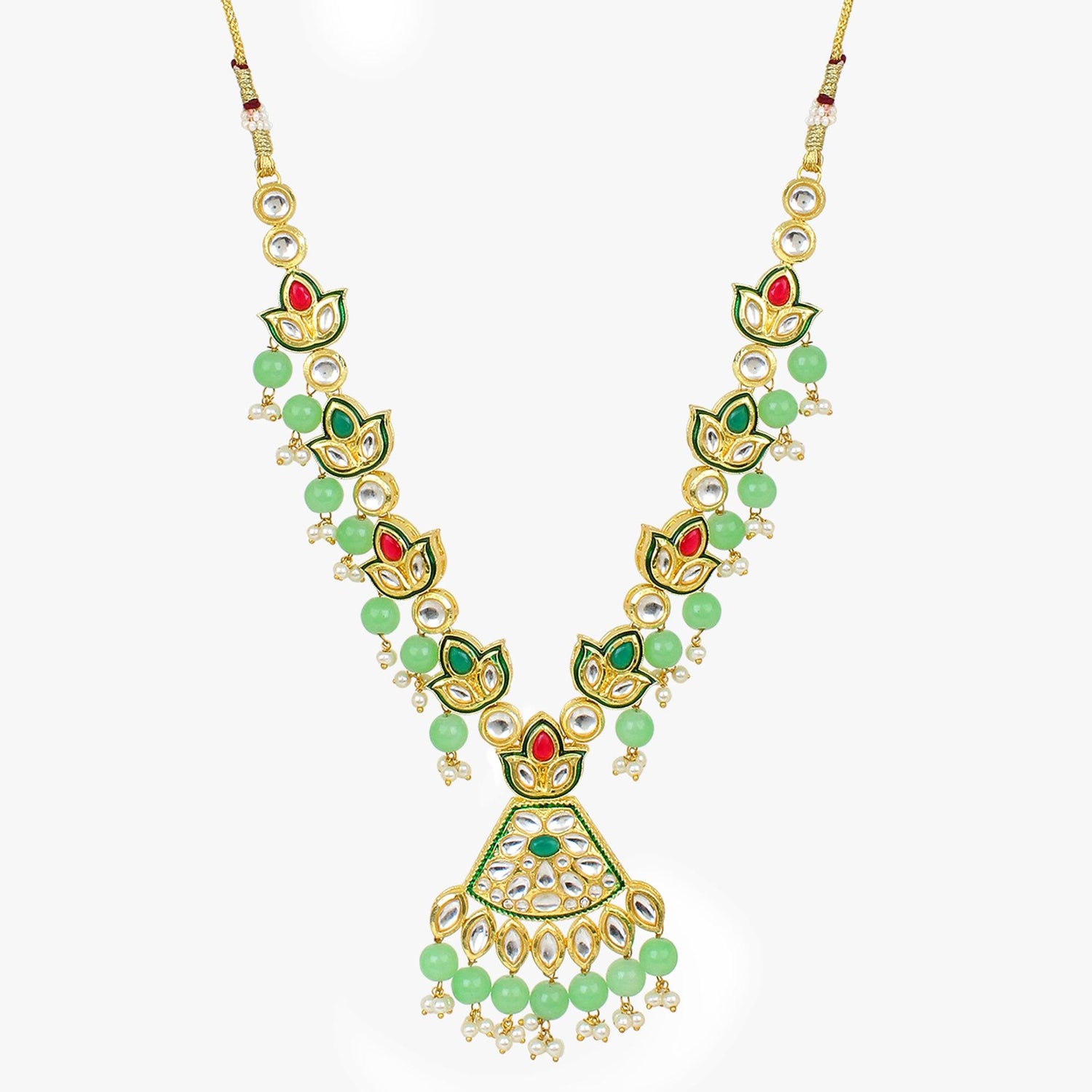Green Jaipuri Long Kundan Necklace - Steorra Jewels