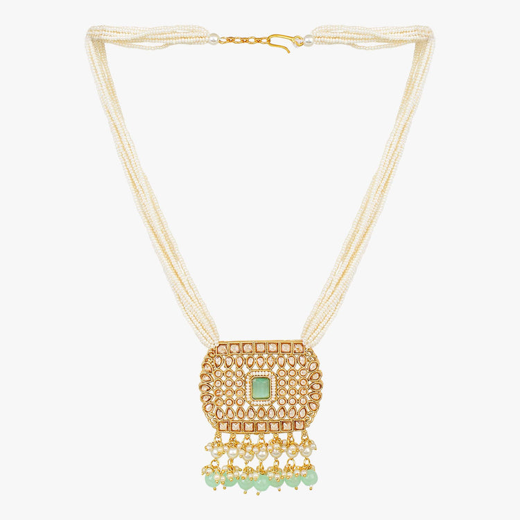 Light Green Jaipuri Long Kundan Necklace Set - Steorra Jewels
