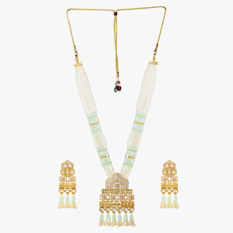 Light Green Jaipuri Long Kundan Necklace - Steorra Jewels