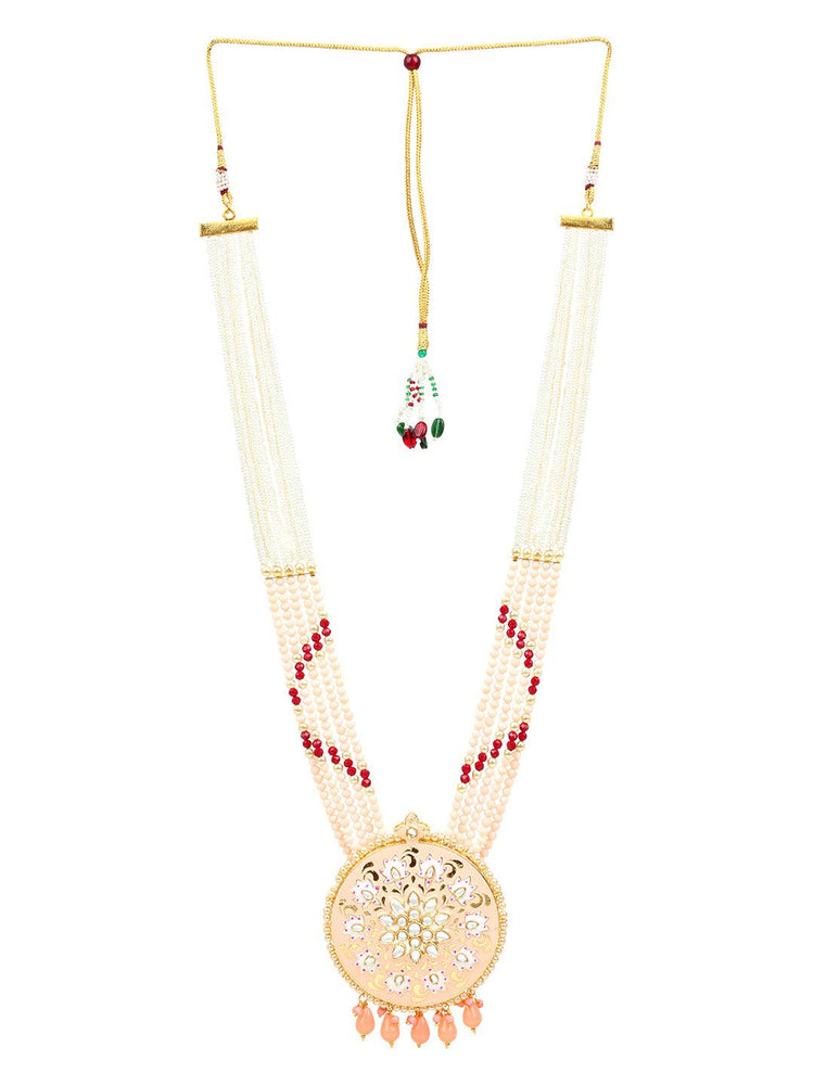 Peach Jaipuri Long Kundan Necklace - Steorra Jewels