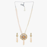 Peach Pink Jaipuri Long Kundan Necklace Set - Steorra Jewels