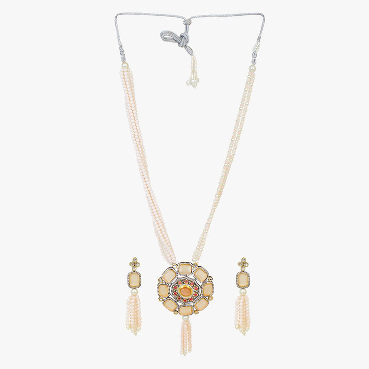 Peach Pink Jaipuri Long Kundan Necklace Set - Steorra Jewels