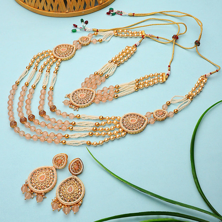 Peach Pink Long Jaipuri Necklace Set - Steorra Jewels