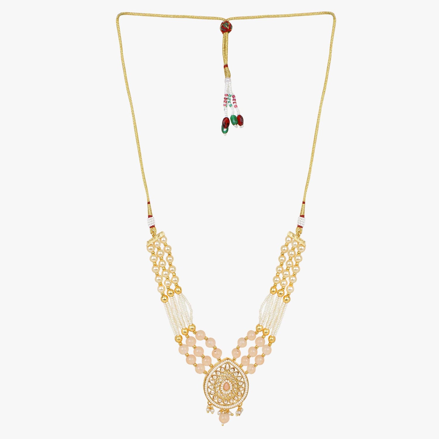 Peach Pink Long Jaipuri Necklace Set - Steorra Jewels
