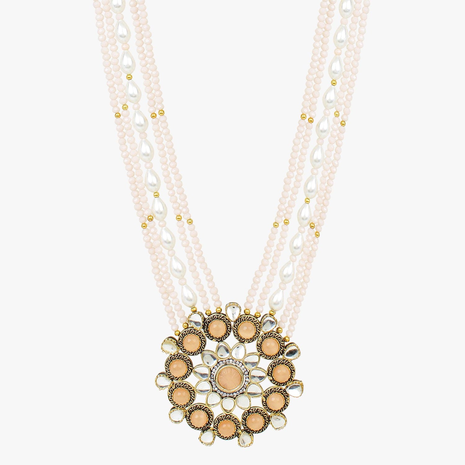 Peach Pink Long Kundan Necklace - Steorra Jewels