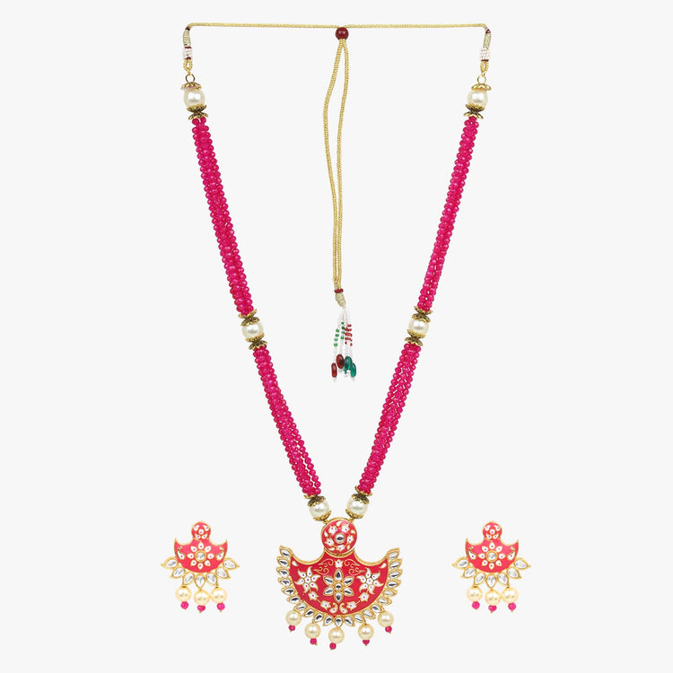 Pink Jaipuri Long Kundan Necklace Set - Steorra Jewels