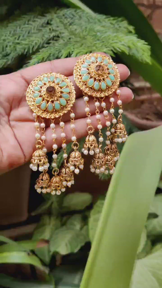 Gold Plated Bahubali Pearl Dangler Earrings Traditional Mint Stylish Fancy Earrings For Women & Girls.