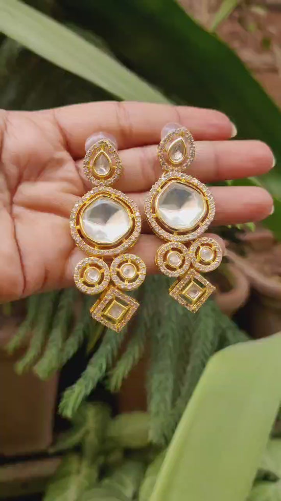 Elegant and Traditional American Diamond Gold Tone Statement Polki Dangler Earrings for Women & Girls.