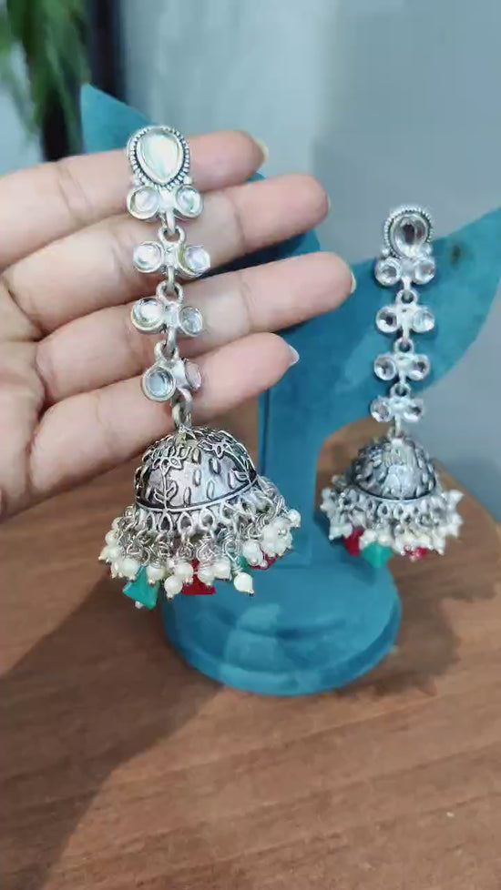 Oxidize Multicolor Silver Look Stone Type Jumka Earring For Women And Girls.