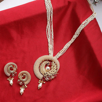 Red Color Bollywood Traditional Gold Tone Long Necklace Earrings Jewelry Set for Women Wedding Party Ethnic Fashion Wear - Steorra Jewels