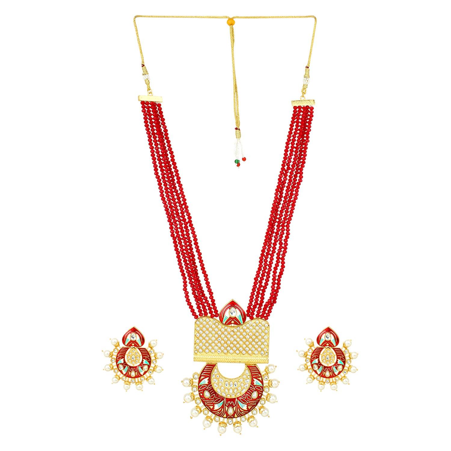 Red Jaipuri long Kundan Necklace - Steorra Jewels