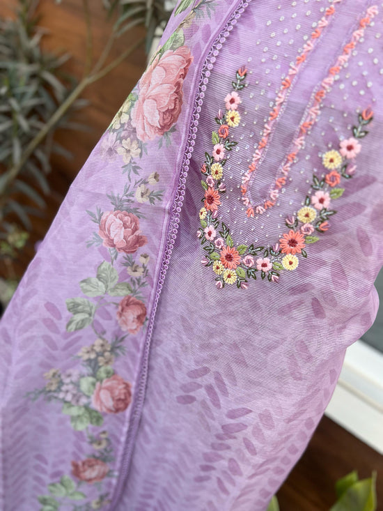 Beautiful Purple Flowers Kota Doriya With Necklace Embroidery