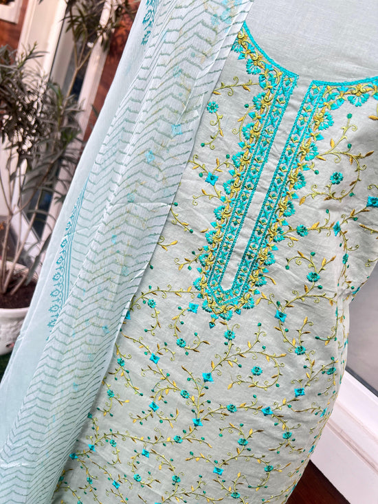 Pure Cotton Light Green Suit With Hand Embroidery & Cotton Dupatta (item no. 012038)