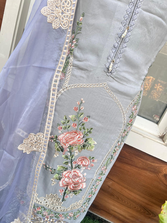 Pure Organza Grey Suit With Pakistani Hand Embroidery (item no. 013030)