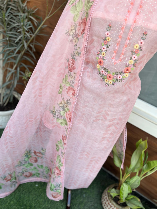 Beautiful Pink Flowers Kota Doriya With Necklace Embroidery