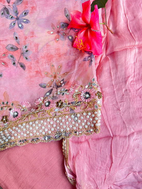 Pure Organza Pink Suit With Hand Embroidery & Chiffon Dupatta