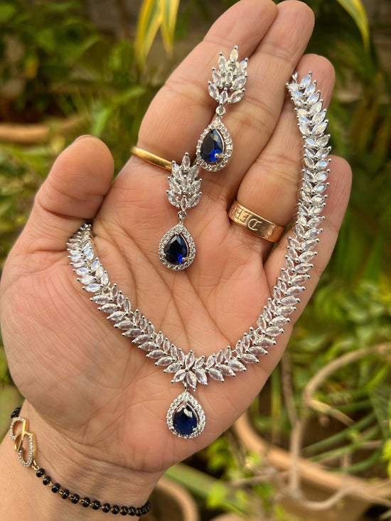 Sleek Indo western Blue American Diamond Set With Earring