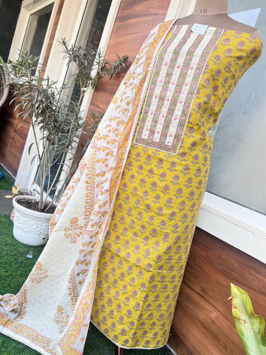 Pure Cotton Yellow Suit With Hand Embroidery & Cotton Dupatta
