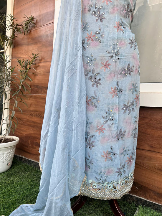 Pure Organza Light Blue Suit With Hand Embroidery & Chiffon Dupatta