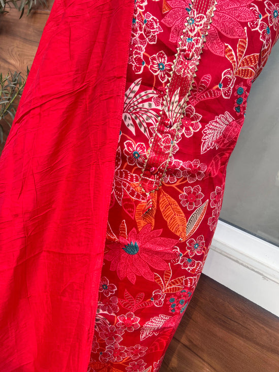 Pure Cotton Red Suit With Hand Embroidery (Item no.011412)