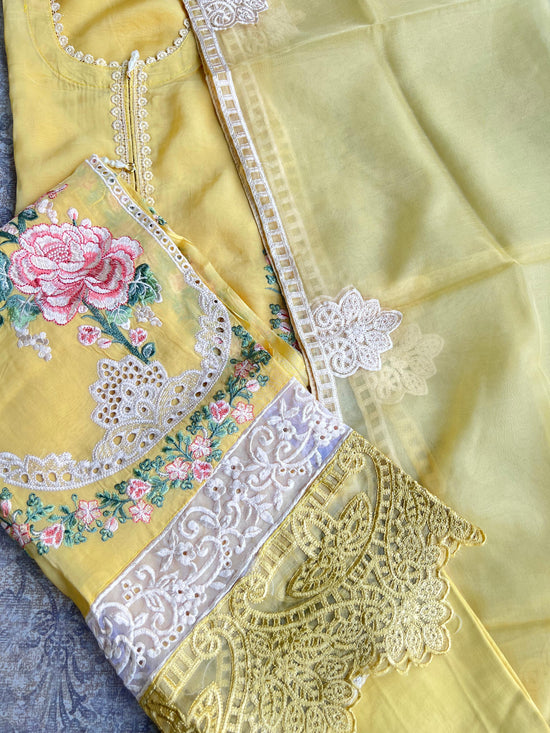 Pure Organza Yellow Suit With Pakistani Hand Embroidery (item no. 013030)