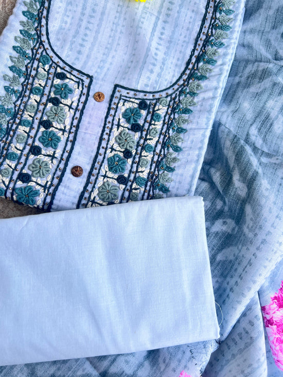 Pure Cotton Light Blue Suit With Hand Embroidery & Cotton Dupatta (Item No.012607)