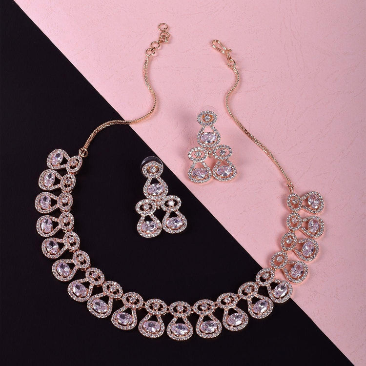 Rose Gold Stones Embellished American Diamond Necklace Set - Steorra Jewels