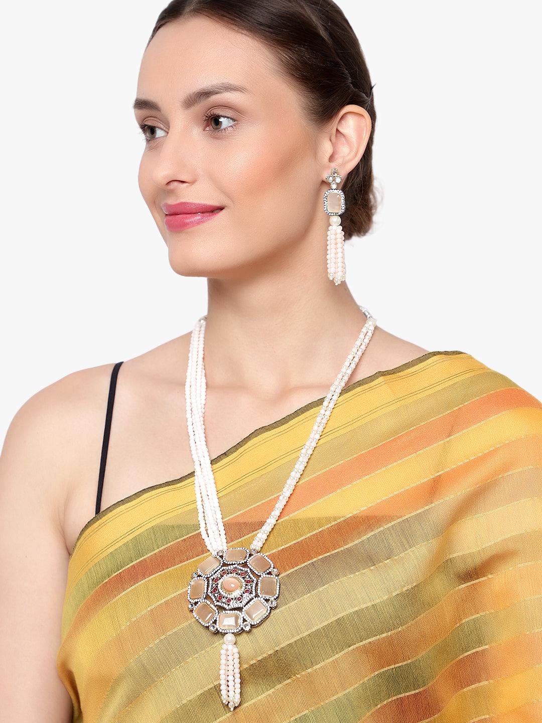 White Jaipuri Long Kundan Necklace - Steorra Jewels